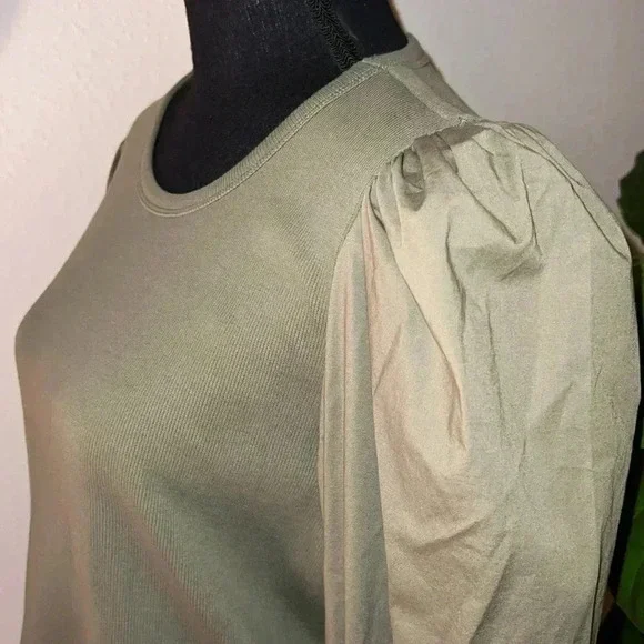Veronica Beard Fawn Puff-Sleeve Top in Moss Green Crewneck NWOT Size Large